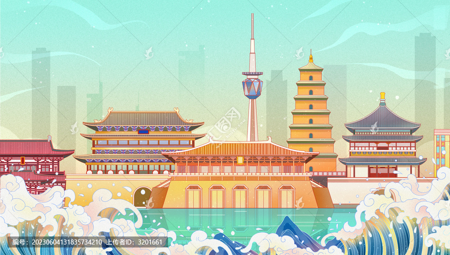 國潮風(fēng)西安地標(biāo)建筑群