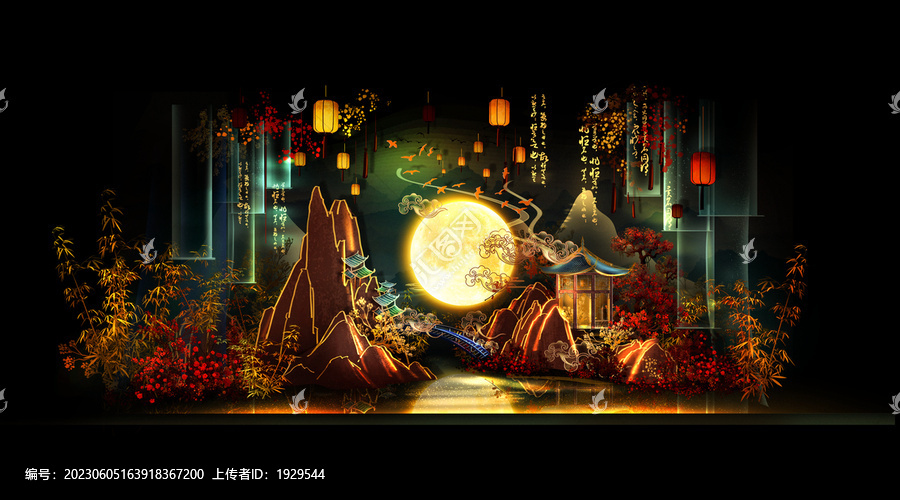 中式青綠紅金婚禮舞臺效果圖