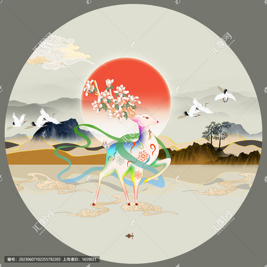 麋鹿山水裝飾畫