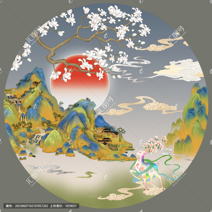 國風國潮梅花鹿山水畫