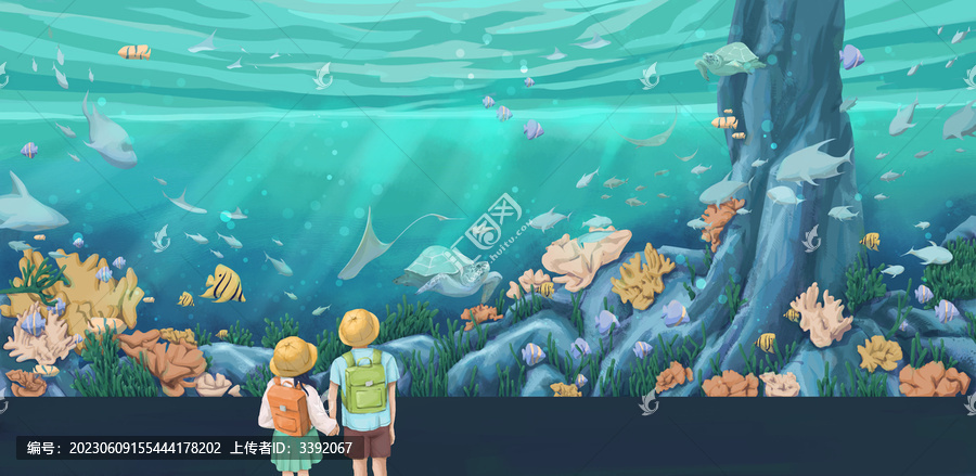 觀賞水族館的男孩女孩