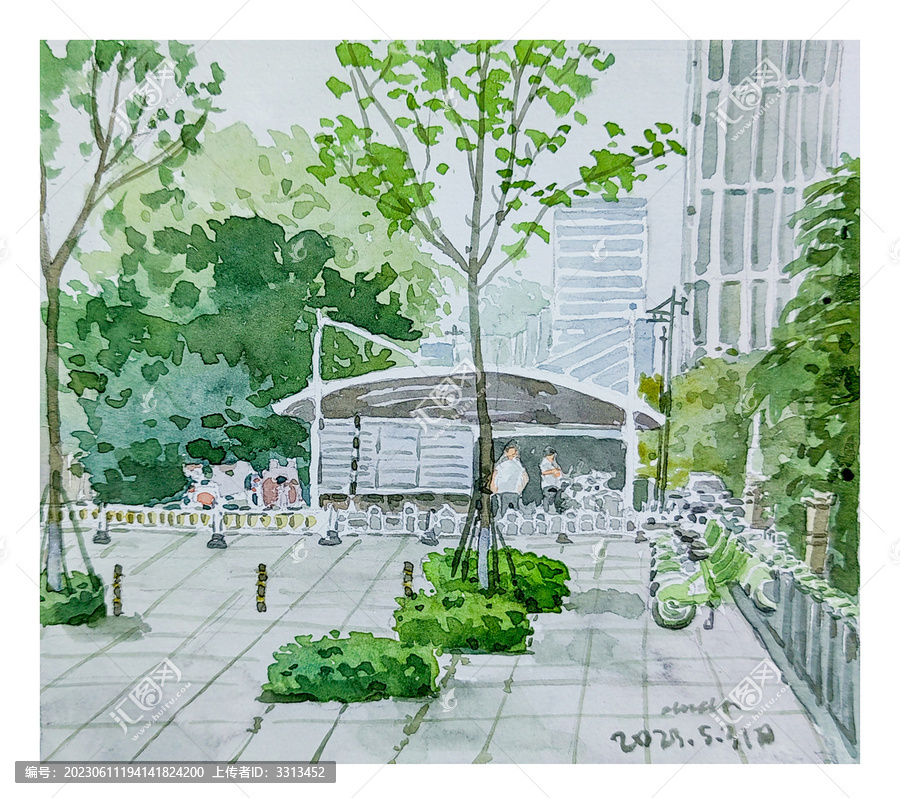 水彩手繪城市一角