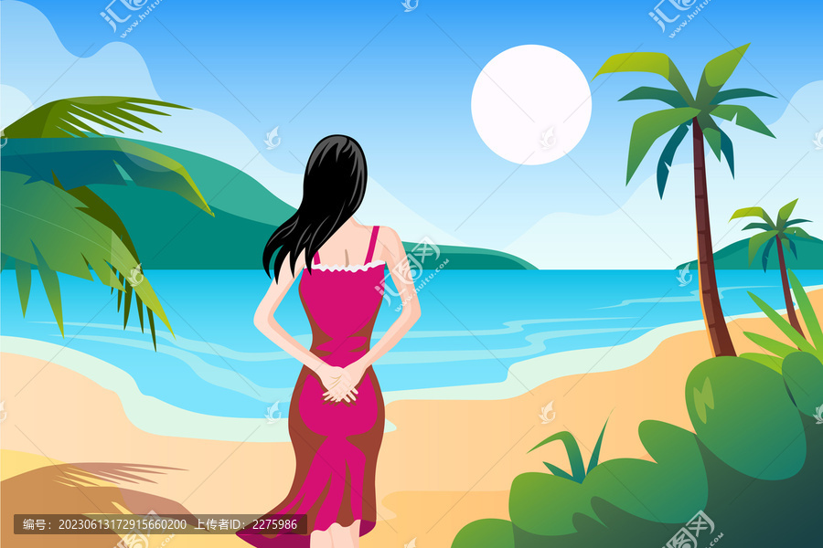 手绘海滩吹着海风的红衣美女