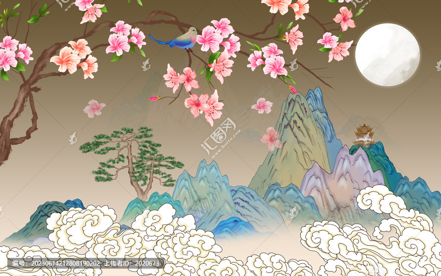 國(guó)潮桃花山水花鳥(niǎo)