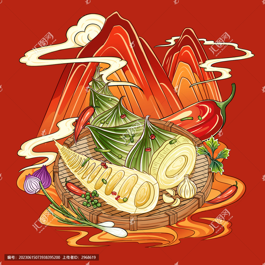 竹筍筍干辣椒醬國潮插畫包裝