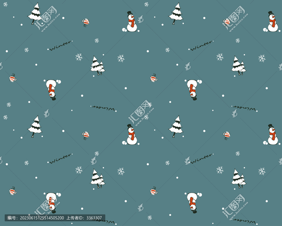 冬天雪人圣誕樹(shù)熱茶印花圖案