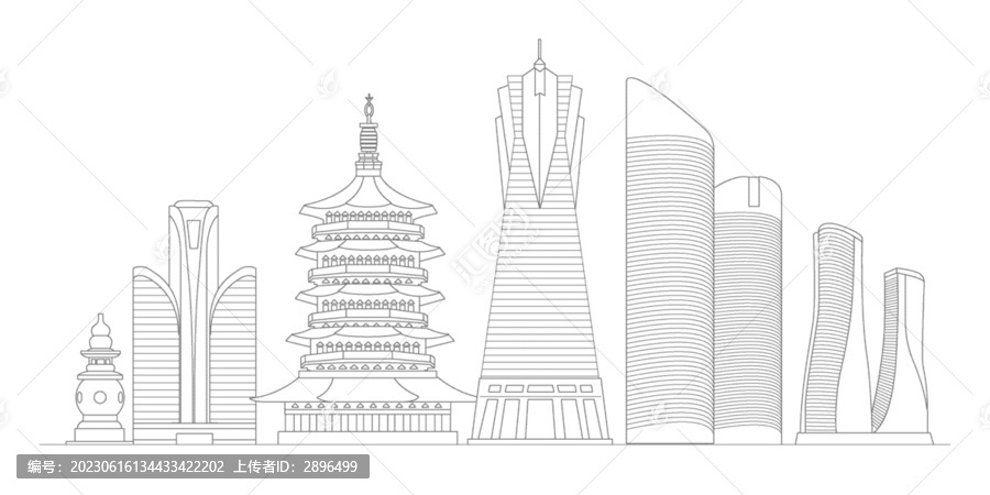 杭州地標(biāo)建筑描邊插畫