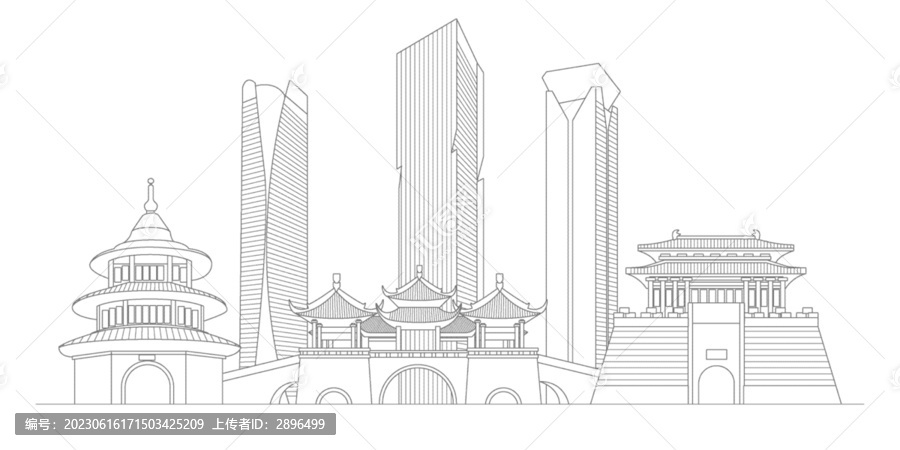 扬州地标建筑描边插画