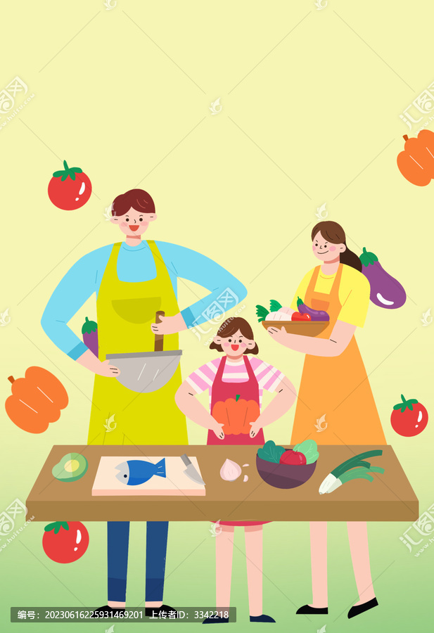親子廚房插畫