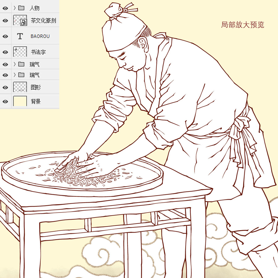揉捻工藝制茶線描圖