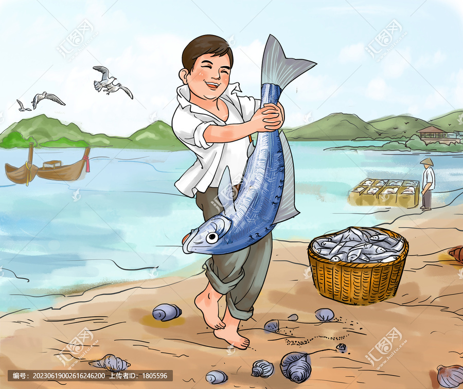 海鮮海貨海產(chǎn)品趕海娃插畫