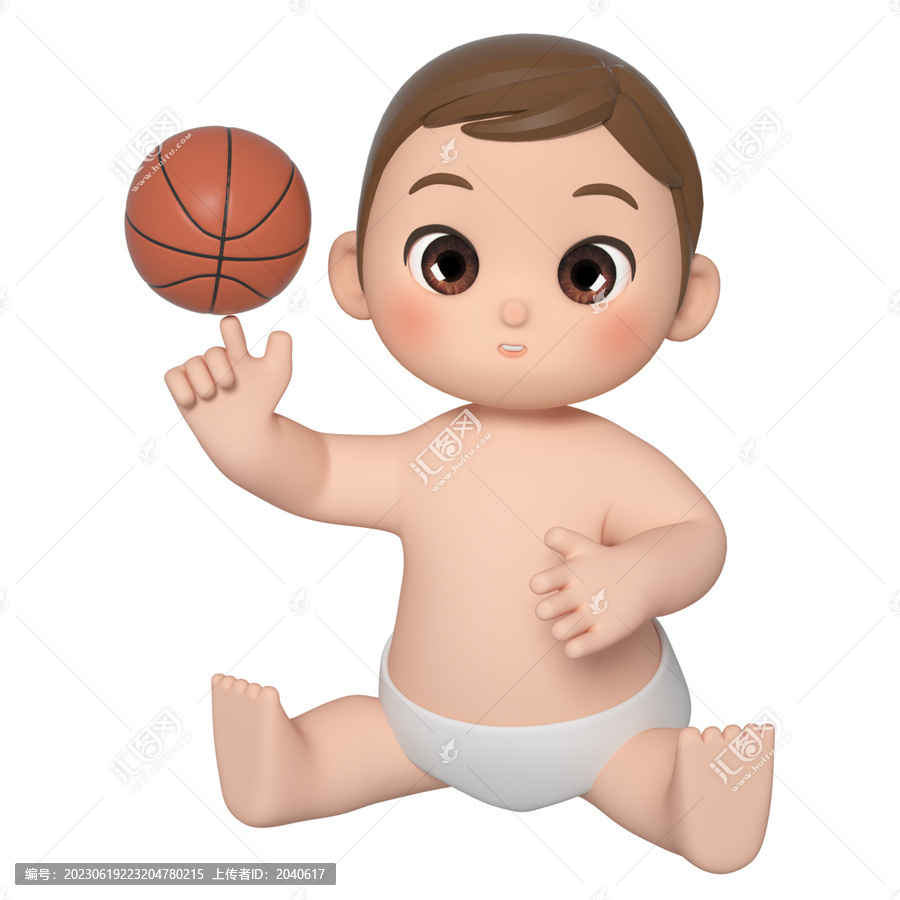 玩篮球的3D可爱卡通婴儿