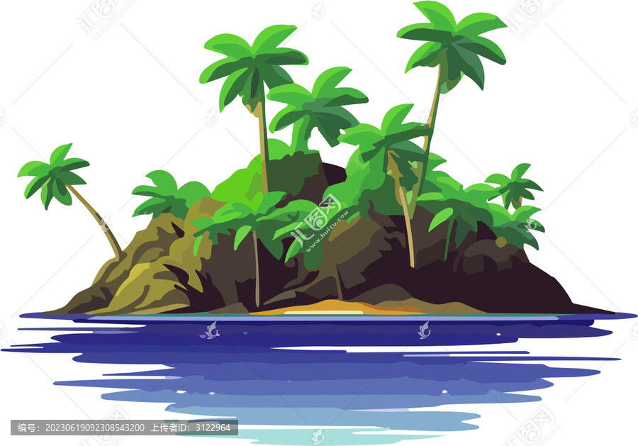 夏日海灘石頭椰樹扁平風(fēng)素材