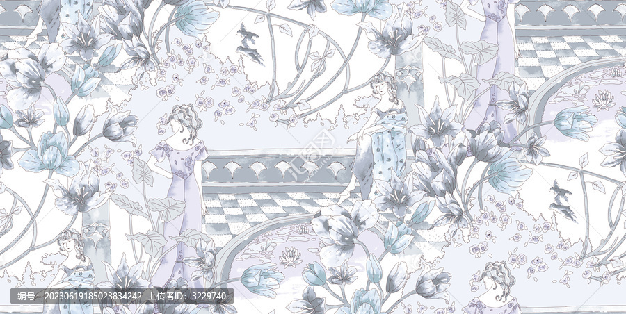 淺藍(lán)灰色系人物花朵