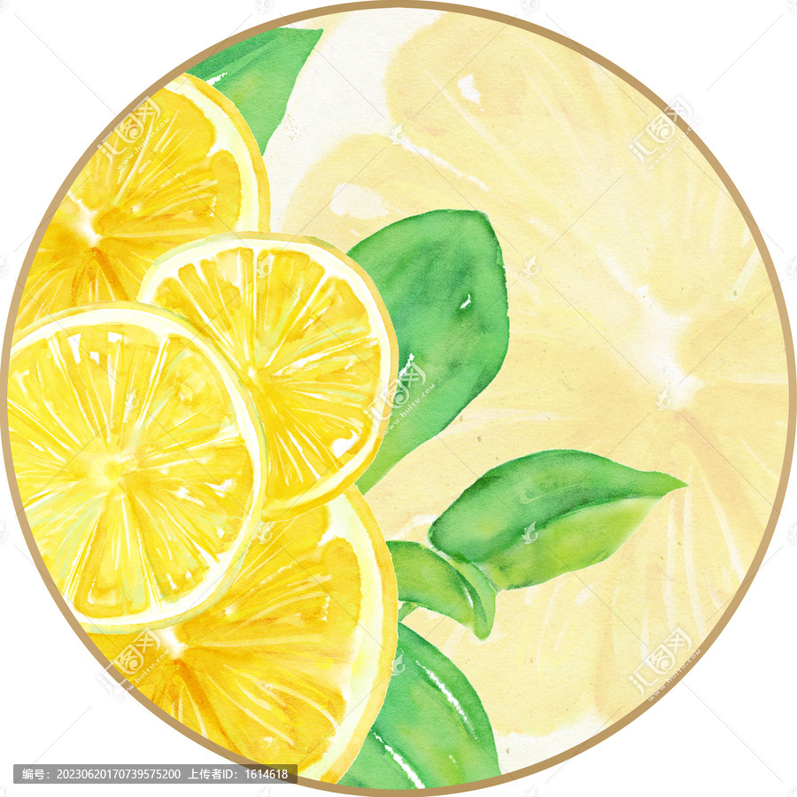水彩手绘柠檬装饰画团扇设计