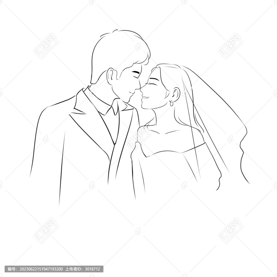 手繪頭像黑白線稿素描婚紗