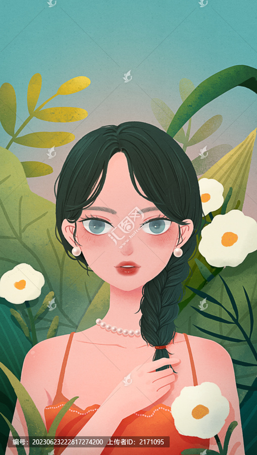 植物花朵包圍女孩復(fù)古人物插畫