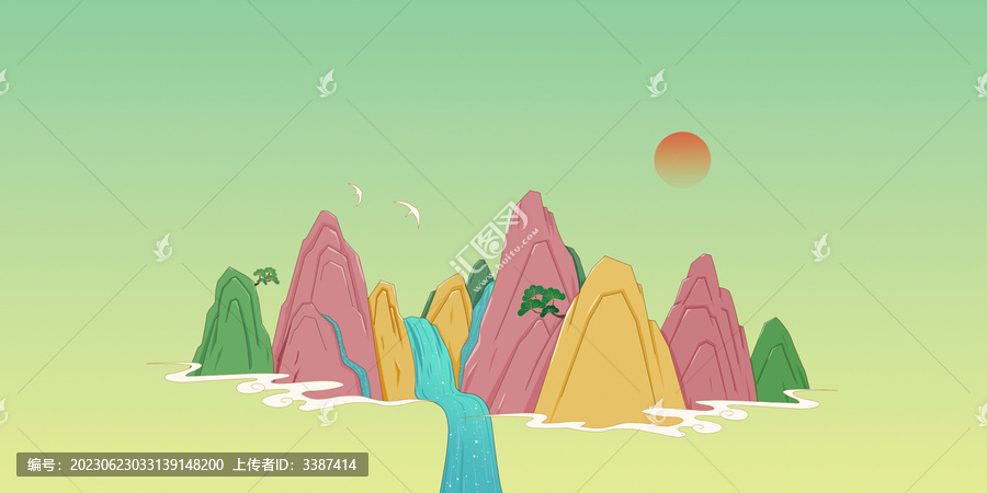 國風(fēng)彩色山泉水手繪插畫