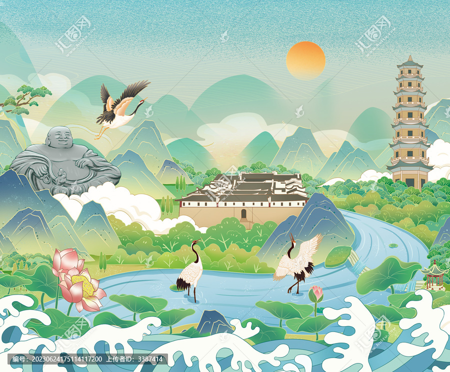 國風(fēng)福清地標(biāo)建筑插畫手繪