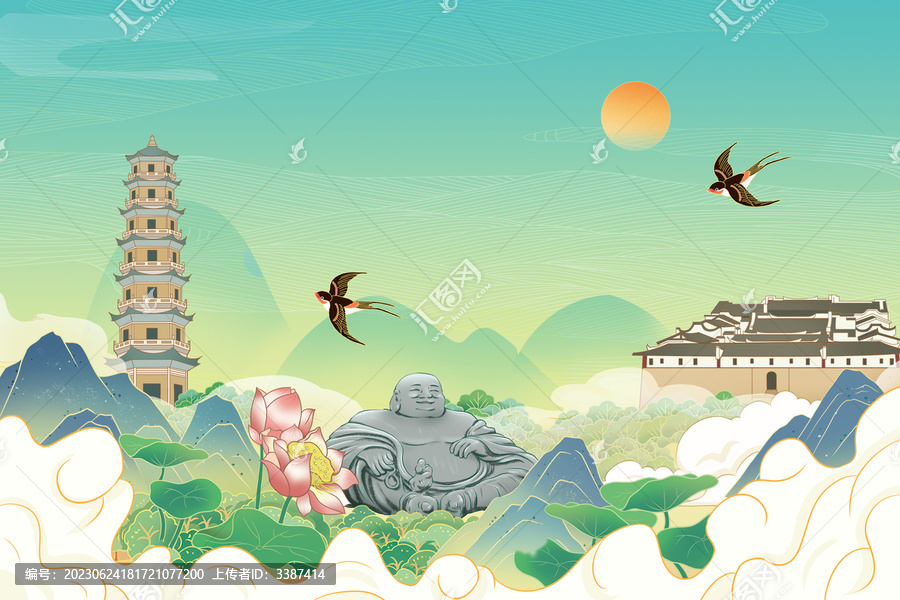 國(guó)風(fēng)福清地標(biāo)建筑手繪插畫(huà)