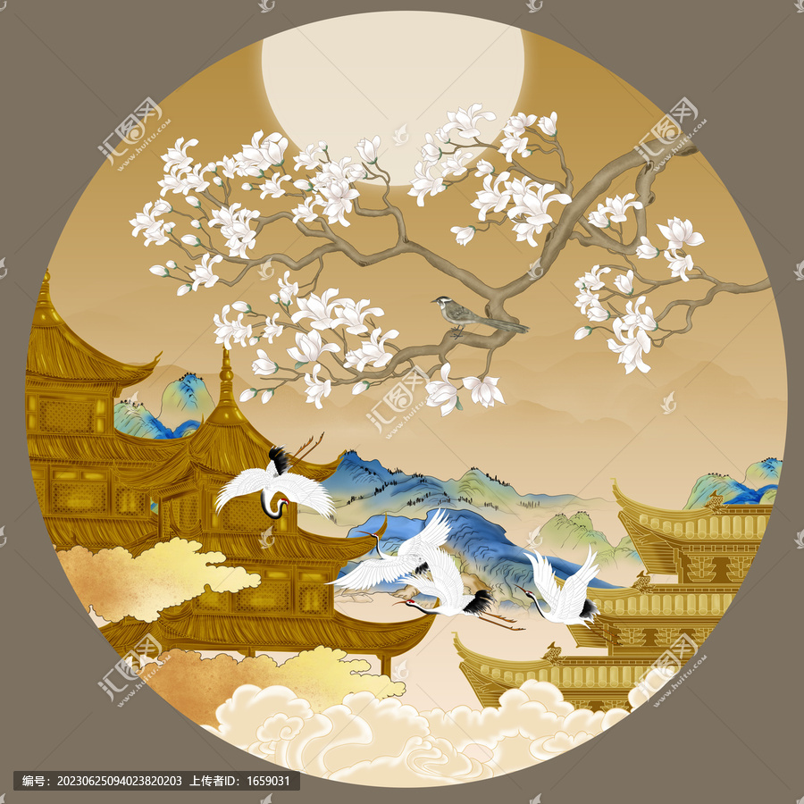 玉蘭花山水閣樓插畫