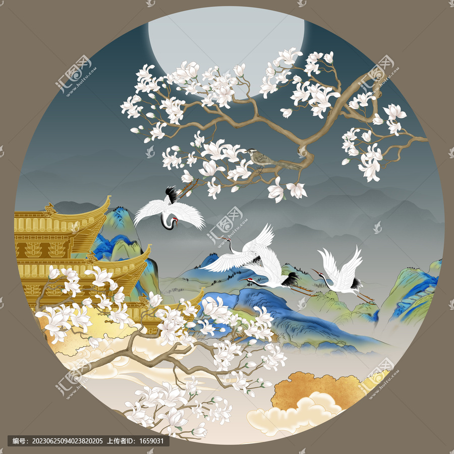 玉蘭花山水閣樓插畫