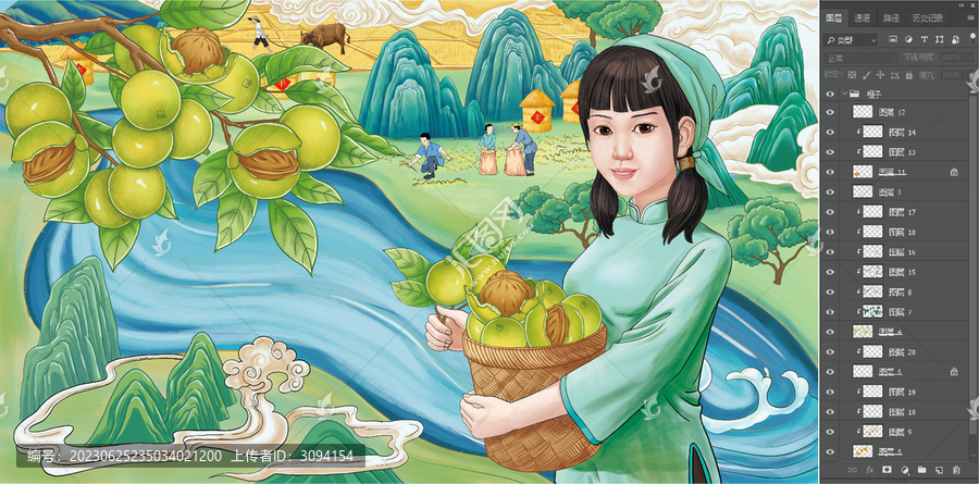 核桃果林園子手繪插畫(huà)