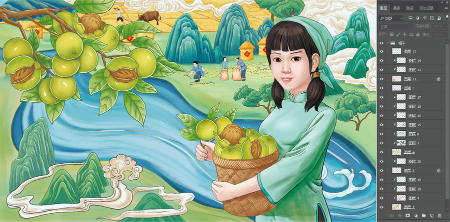 核桃果林園子手繪插畫(huà)