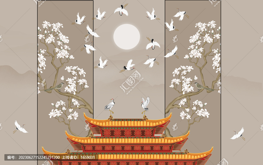 古建筑花鳥(niǎo)瑞鶴圖
