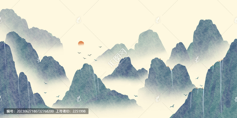 新中式青綠山水裝飾背景圖