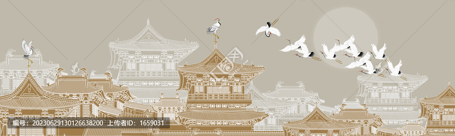 新中式閣樓皇宮瑞鶴圖