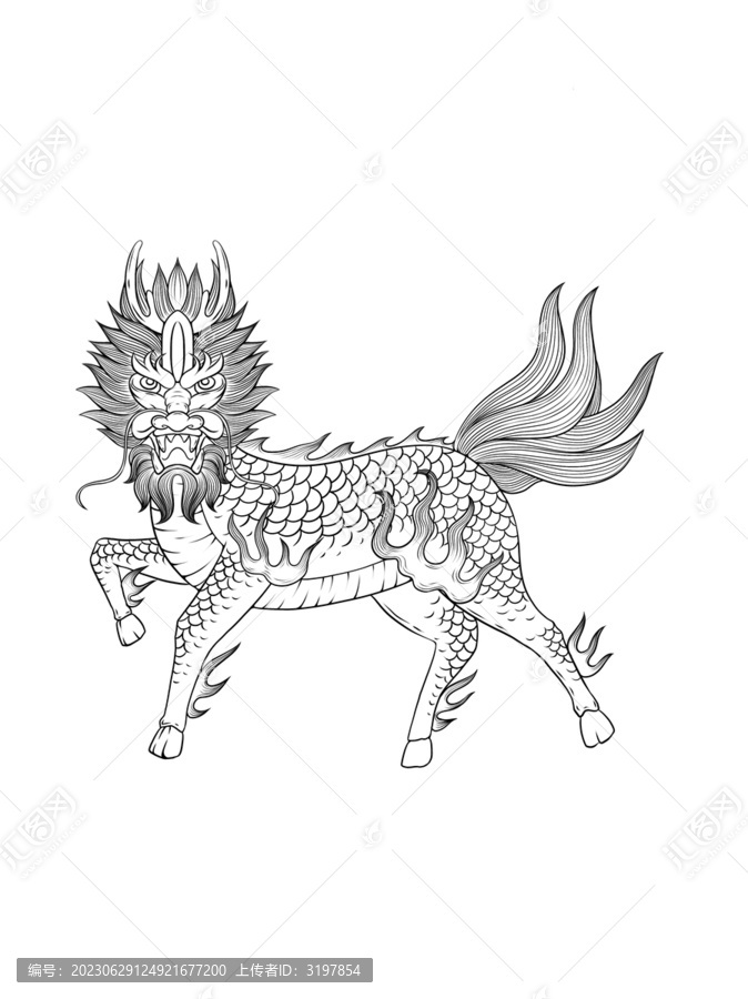 麒麟黑白線稿