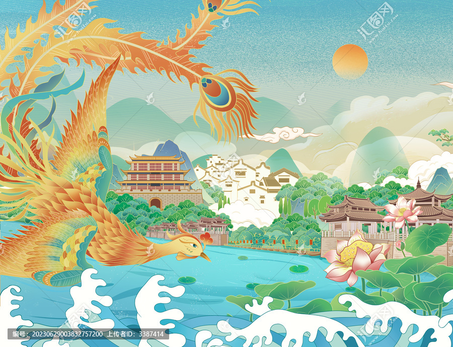 潮汕文化建筑鳳凰單樅茶插畫