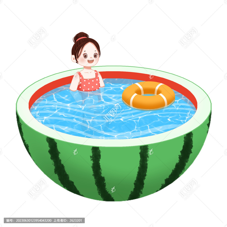 夏天西瓜泳池里的小女孩