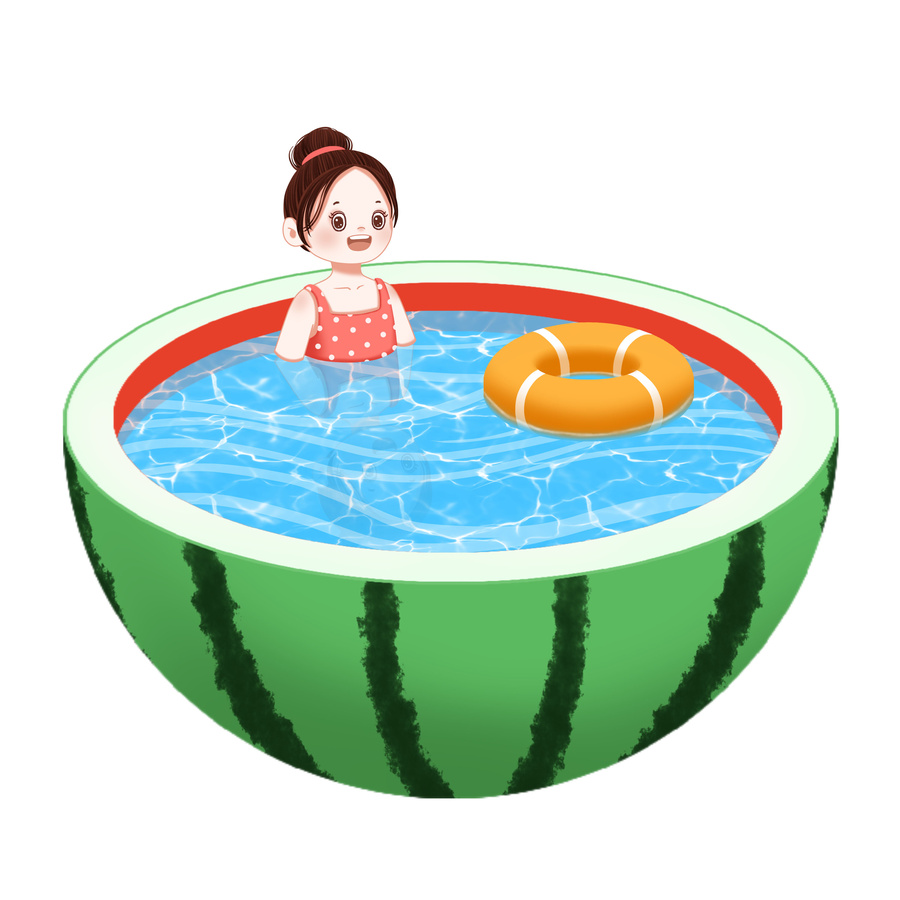 夏天西瓜泳池里的小女孩