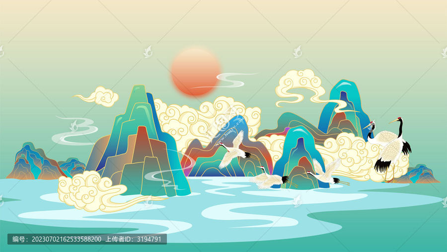 仙鶴祥云山水矢量插畫