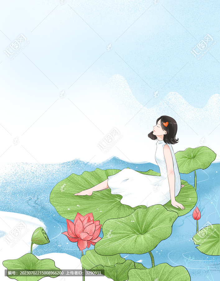 夏天池塘坐在荷葉上的白裙少女