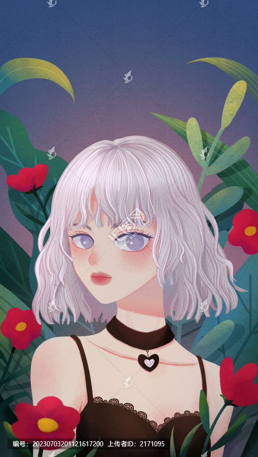 植物花朵包圍女孩復(fù)古人物插畫