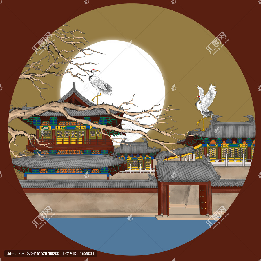 簡(jiǎn)約古建筑祥云仙鶴