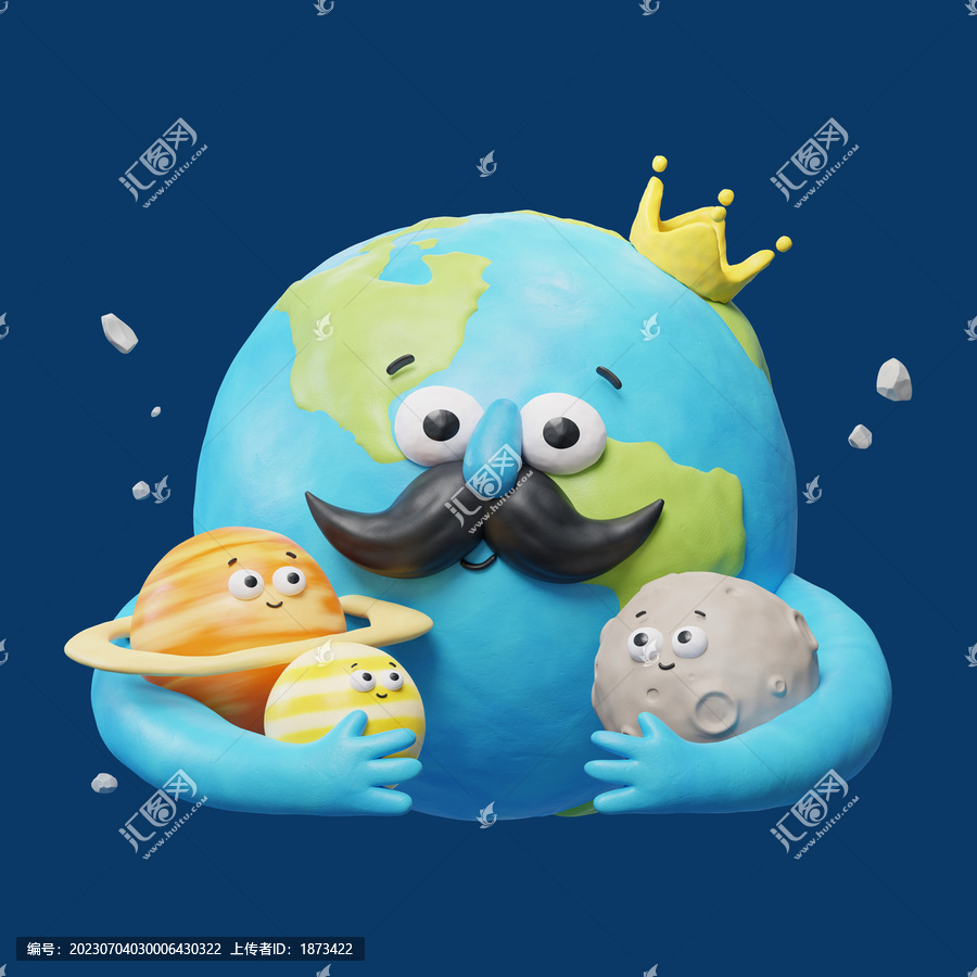 可爱星球国王爸爸环抱星球宝宝们三维插画