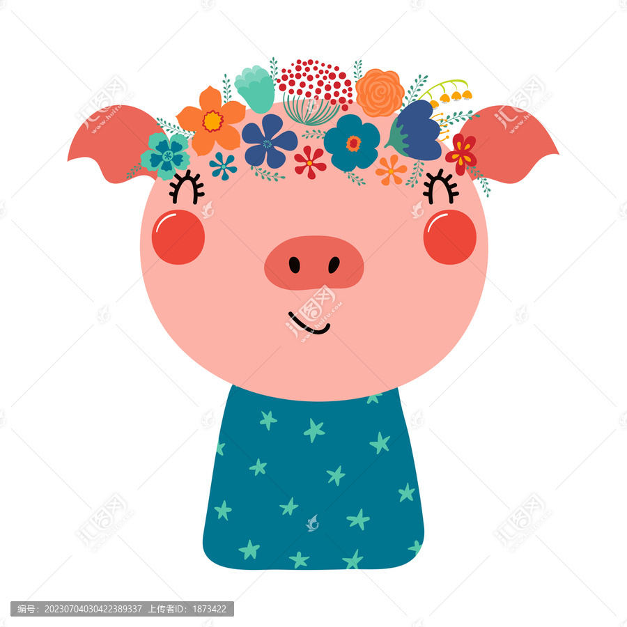 可爱闭眼微笑小猪头戴花环插图
