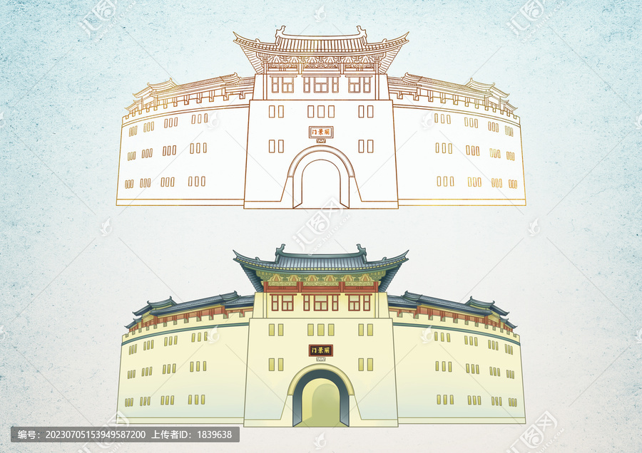 洛陽麗景門古建筑線描素材