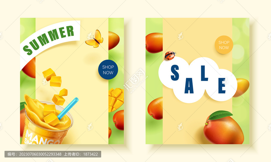 夏季促销海报模板集合,美味芒果和冰沙主题