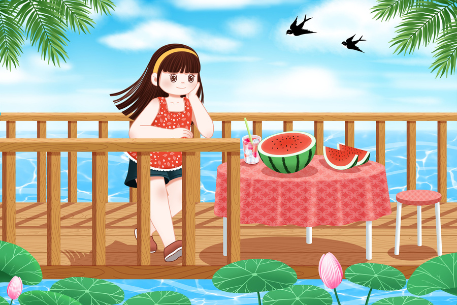 夏天賞荷吃西瓜的女孩插畫(huà)