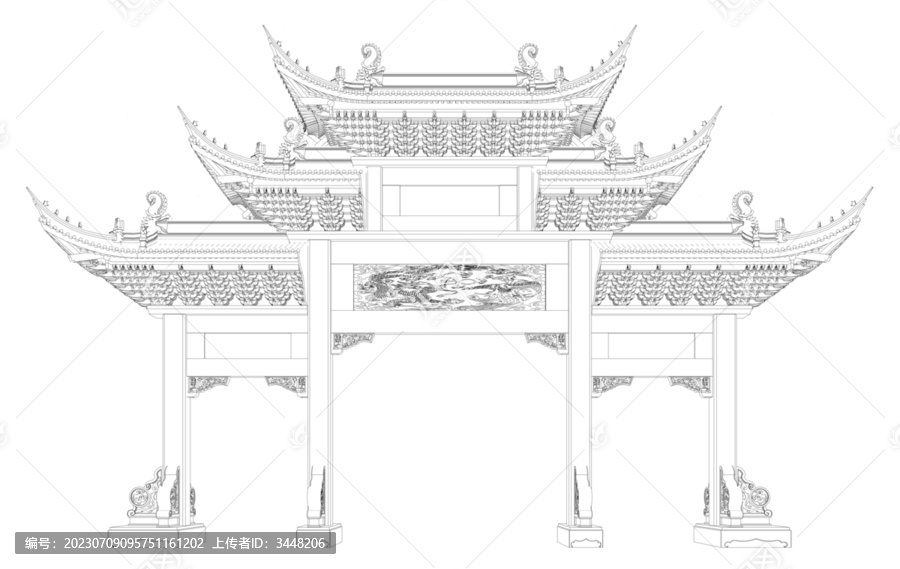 苏式牌楼牌坊立面线稿图