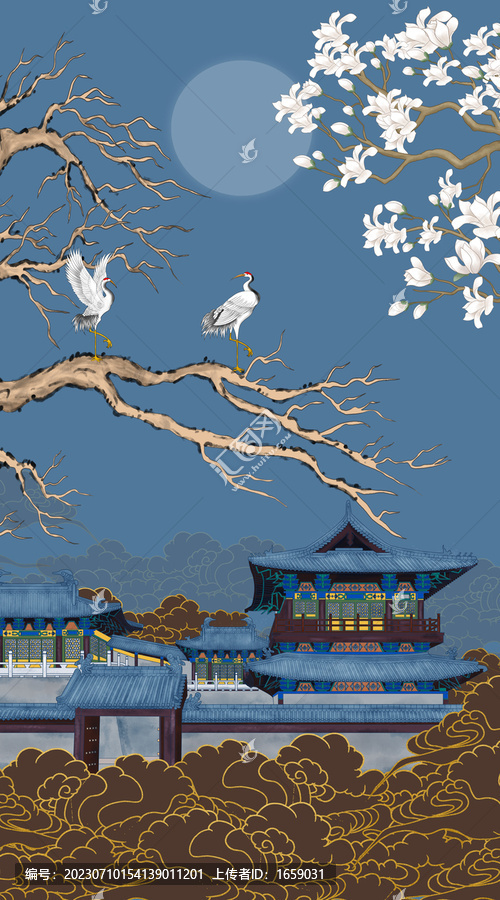 中式阁楼花鸟壁画