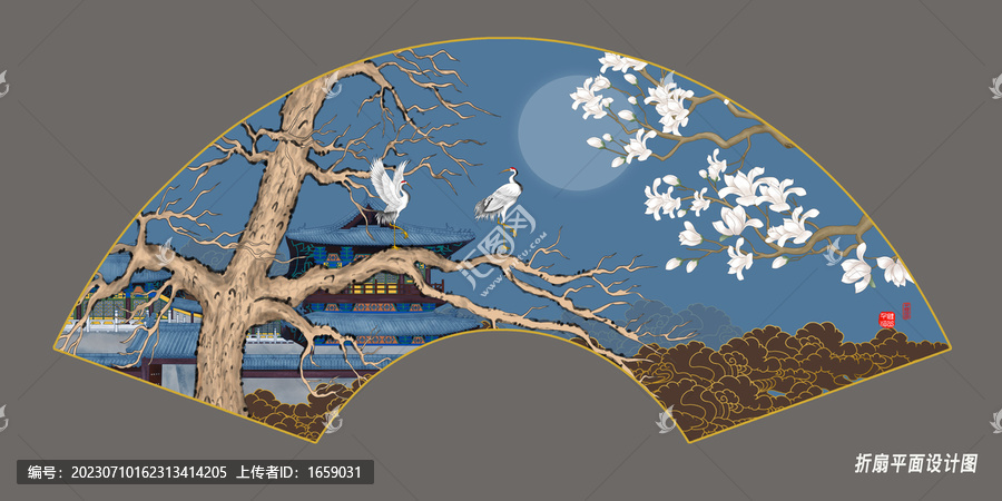 折扇古建筑祥云刺繡花鳥