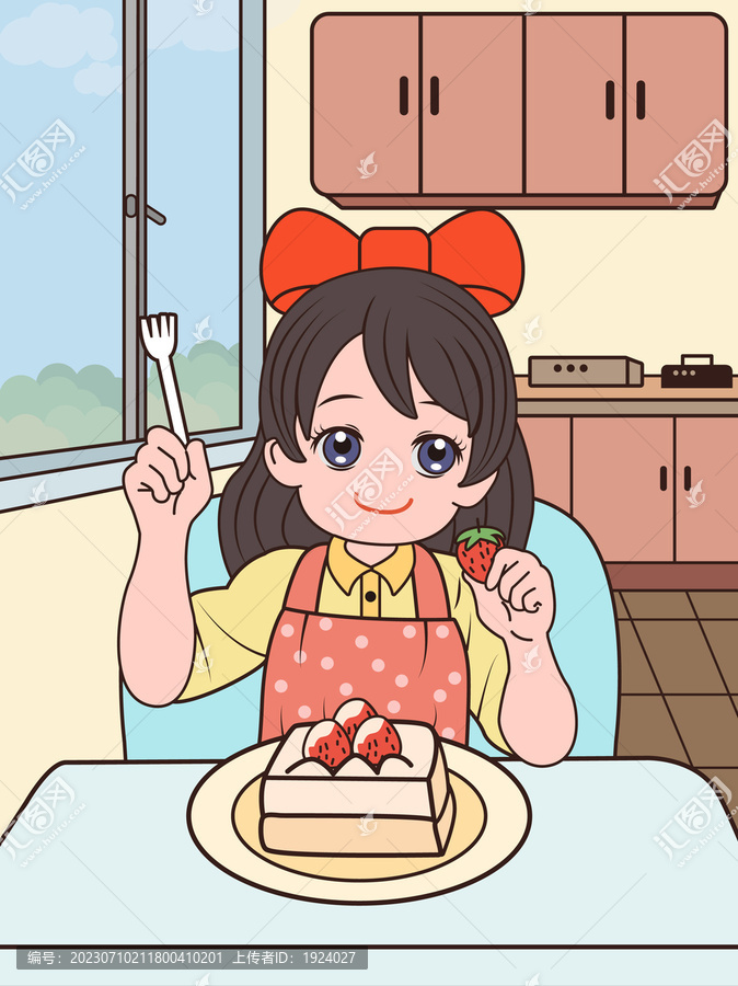 可愛的小女孩吃草莓蛋糕