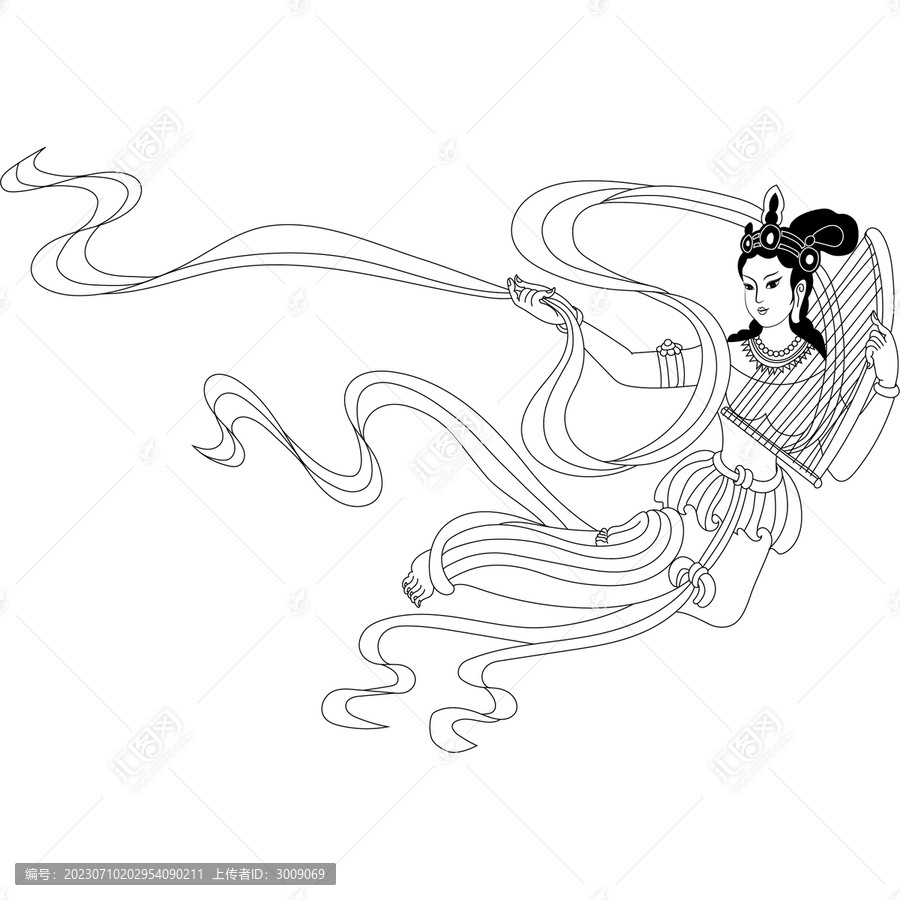 敦煌莫高窟壁畫(huà)飛天彈箜篌線稿