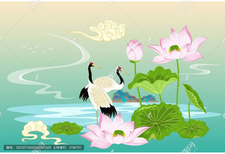 國潮仙鶴荷花山水畫